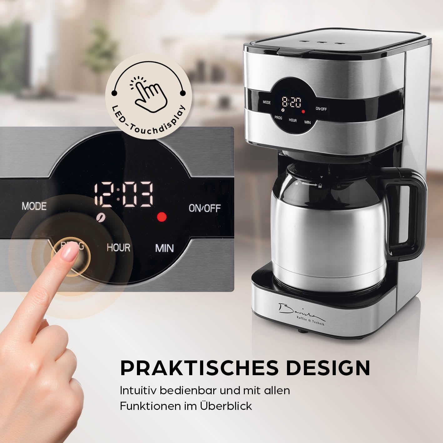 Barista - Cafetera con filtro con jarra aislada, temporizador de 24 horas y filtro permanente, para 8 tazas de café, cafetera para polvo [acero inoxidable]