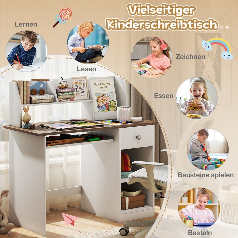 COSTWAY Kinderschreibtisch aus Holz, Kinder Schreibtisch mit Schublade, Tastaturablage & Bücherregal, Schülerschreibtisch für Kinder ab 3 Jahren, 90 x 45 x 90 cm (Natur)