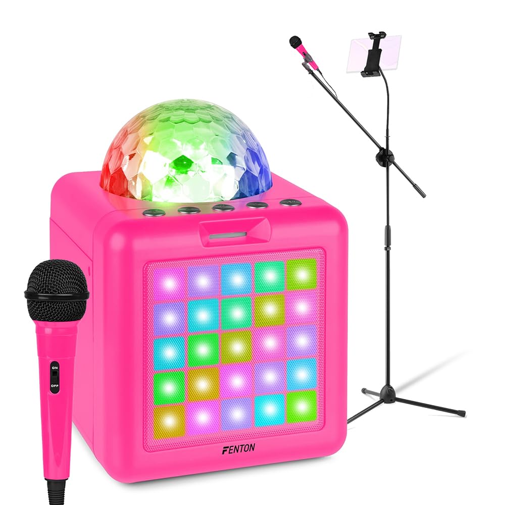 Fenton KAR15P Pink Karaoke Machine with Bluetooth Speaker System, Tablet Holder, Mic Stand, 2 Microphones, LED Disco Lights, Voice Effects, Portable Karaoke with Tablet Holder
