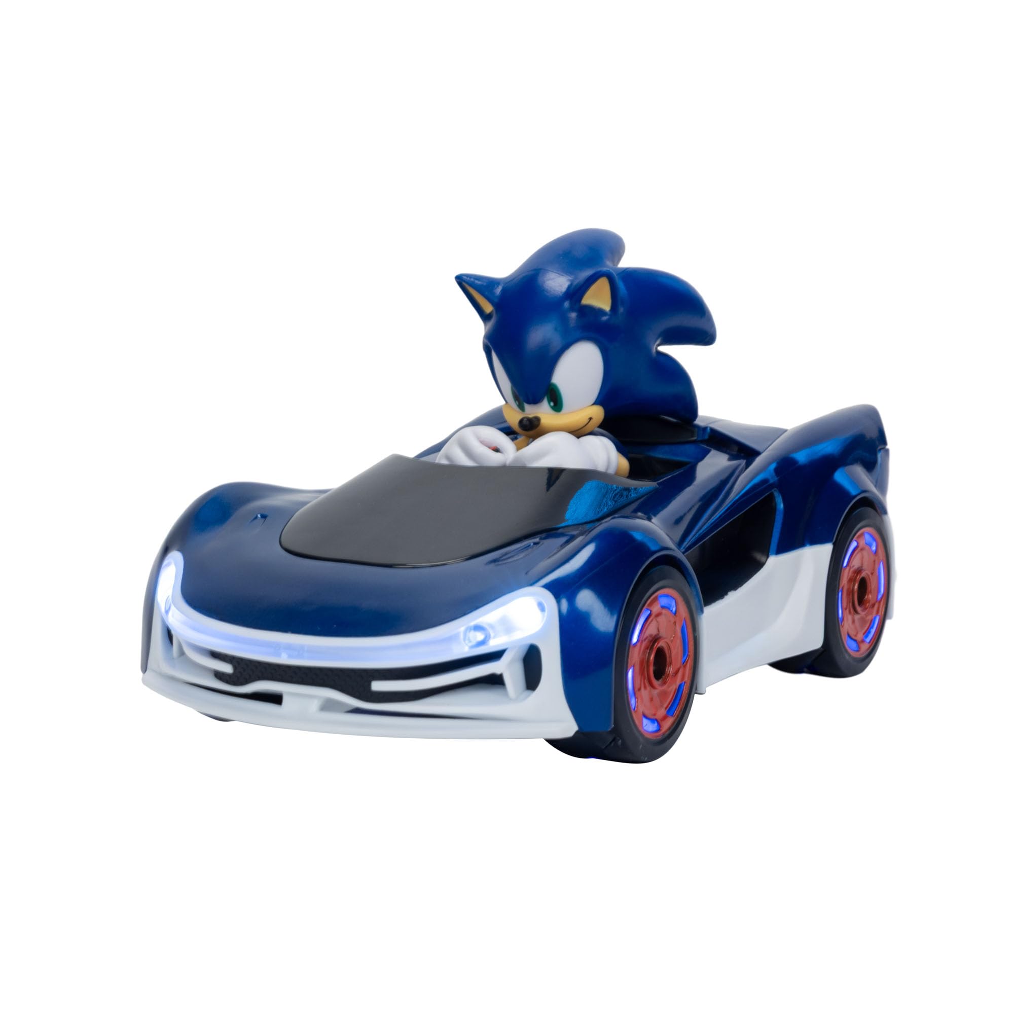 Sonic The Hedgehog, Coche Radio Control Derrapes de Jakks Pacific - Coches a Distancia con Ruedas Luminosas, Juego Interactivo con Mando a Distancia Rojo con Pilas Incluido