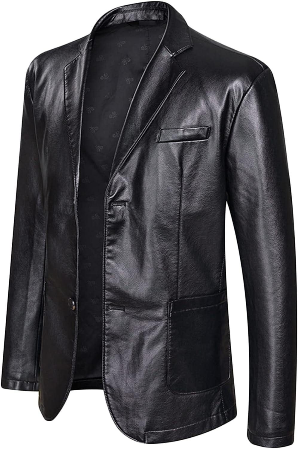 Mens Faux Leather Moto Blazer Classic Casual PU Leather Slim Jacket Stylish Motorcycle 2 Button Lapel Sport Coat (Black,195)