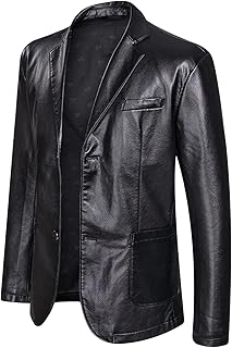 Mens Faux Leather Moto Blazer Classic Casual PU Leather Slim Jacket Stylish Motorcycle 2 Button Lapel Sport Coat (Black,175)