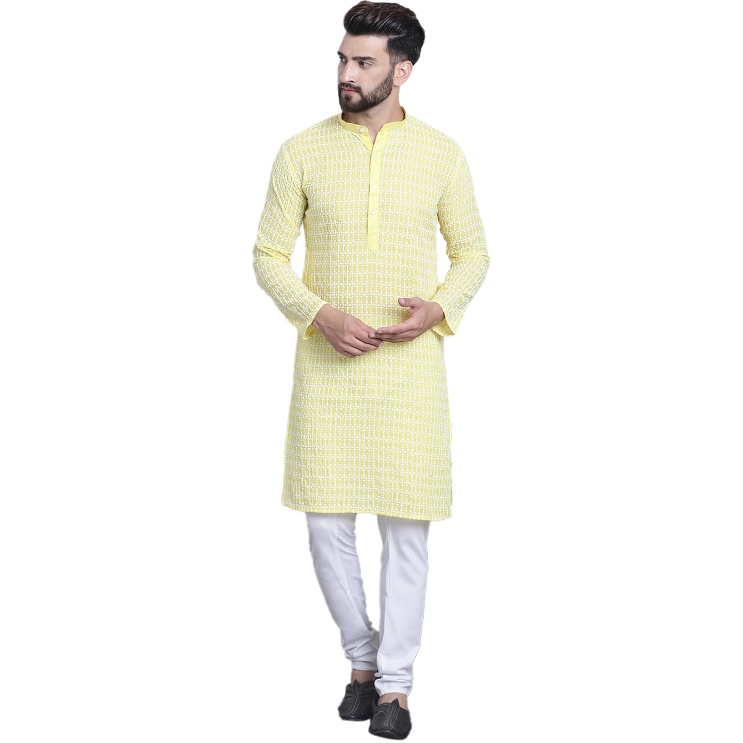 Sojanya (Since 1958 Men's Pure Cotton Yellow Kurta With White Embroidery And White Pyjama Set