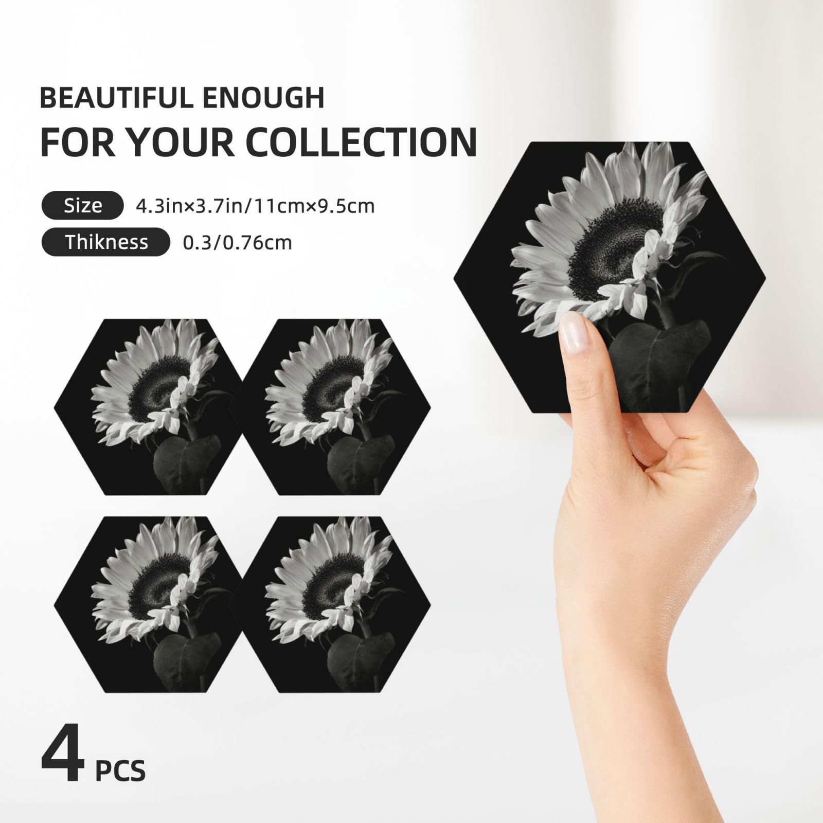 Set di 4 sottobicchieri decorativi in ceramica con stampa di girasole nero e grigio