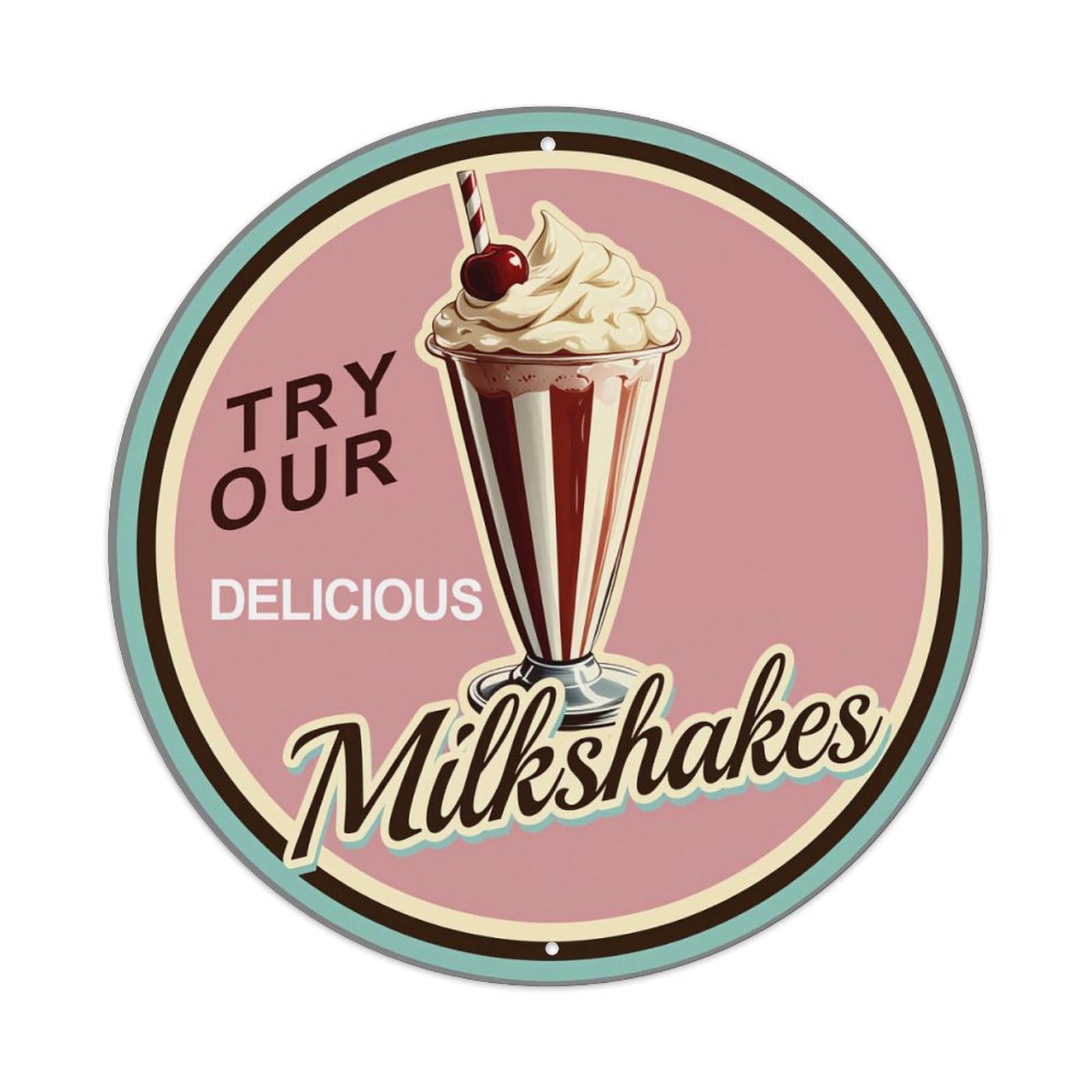 Milkshake With Cherry And Whipped Cream Round Tin Sign Vintage Metal Poster, Home Bar Garage Man Cave Cafe Indoor & Outdoor Wall Decoration 8x8Inches