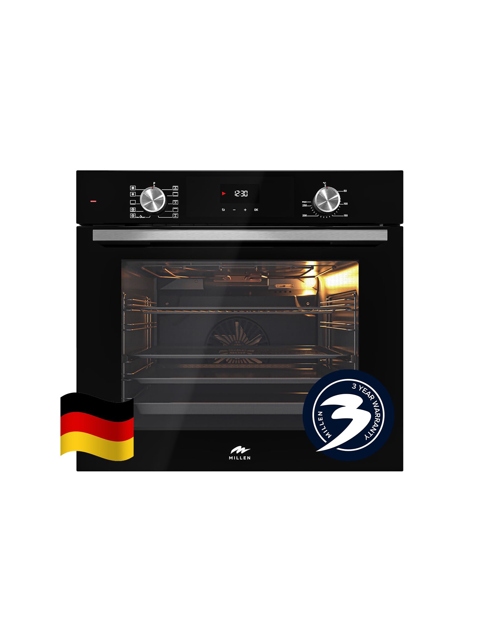 MILLEN Built In Electric Oven, 10 Cooking Modes, 73L - 3 Years Warranty, SCHOTT Inner Glass, MEO 6004 BL Black and Stainless-steel