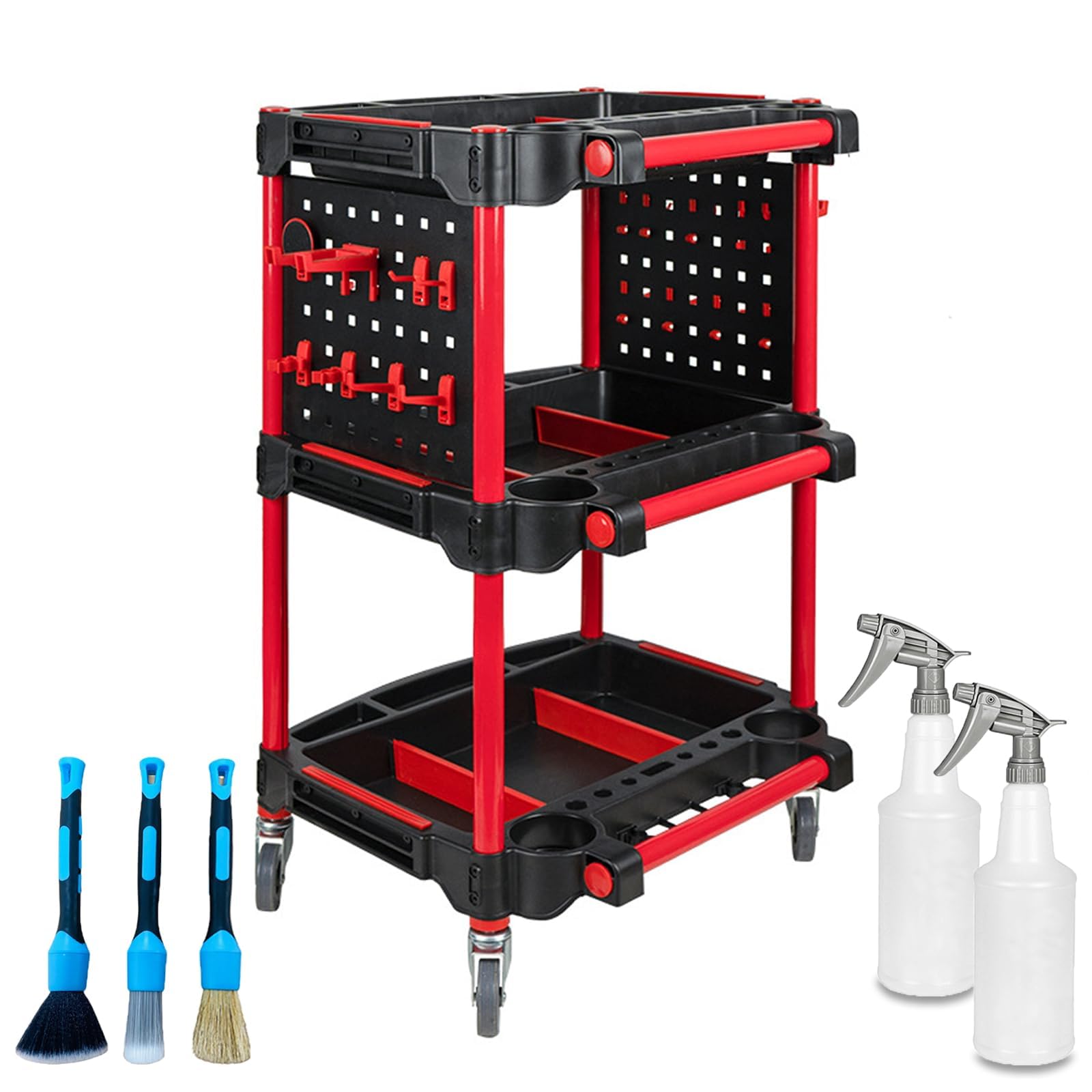 Carrito rodante de 3 niveles con placas laterales para colgar, ganchos, cepillo de limpieza y botella de spray, organizador de herramientas de lavado de coche para reparaciones y encerado