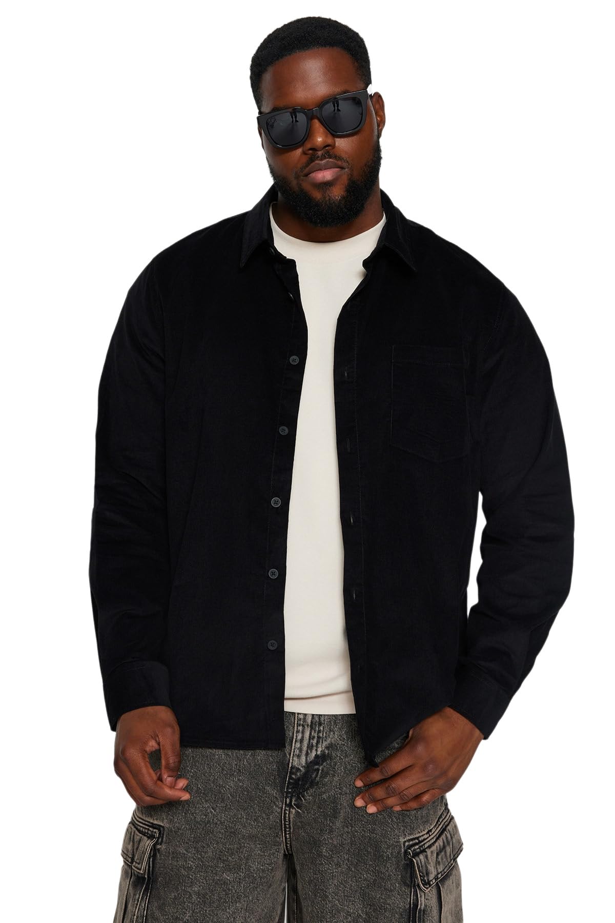 Trendyol Men's Straight Long Sleeve Regular Plus Size Shirt, Black, 3XL