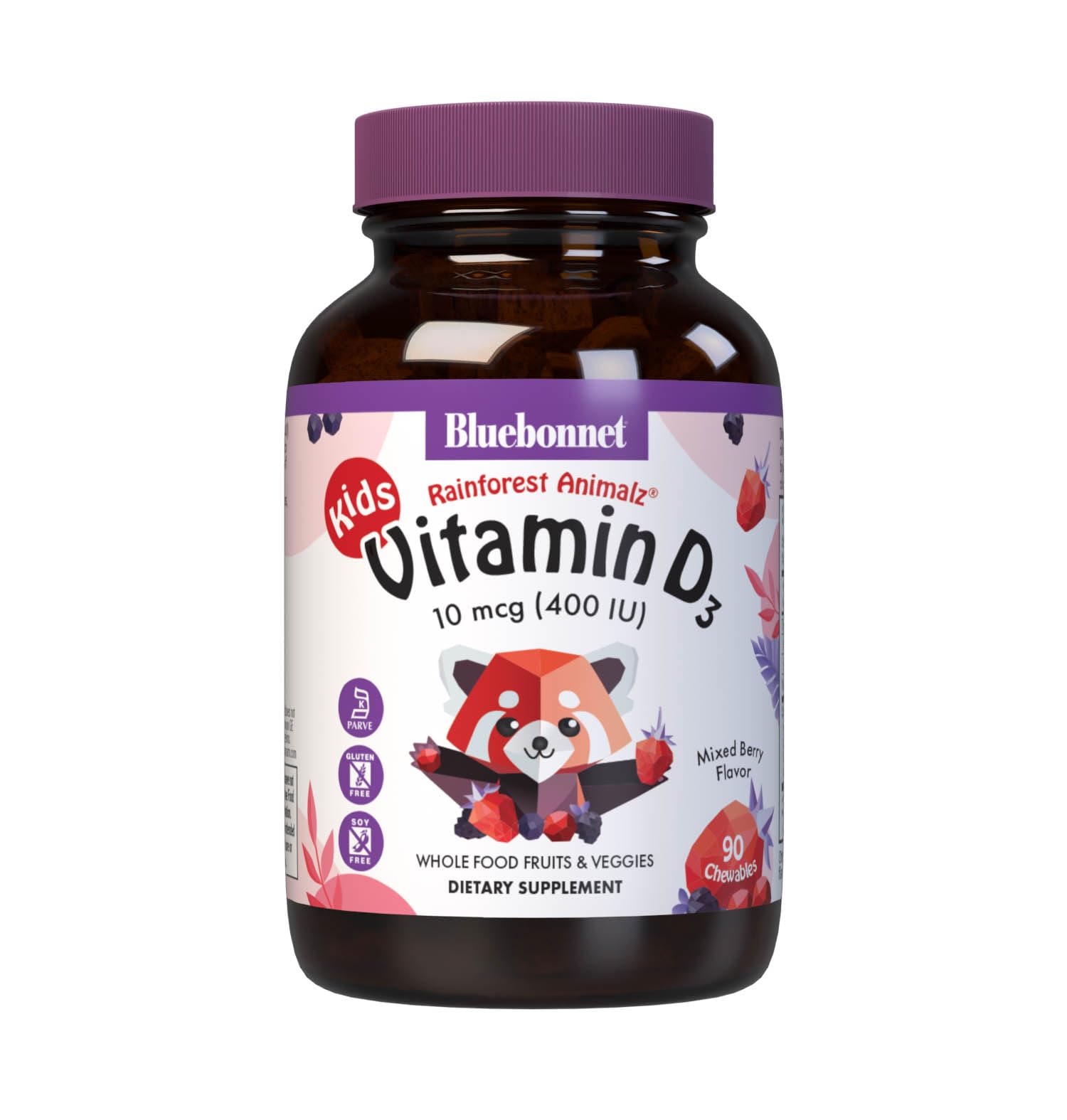 Bluebonnet Nutrition Rainforest Animalz Vitamin D3 400 IU Chewable Tablet, Soy, Dairy & Gluten-Free, Non-GMO, Kosher Certified, Vegetarian Friendly, Natural Mixed Berry Flavor, 90 Count 90 Count (Pack of 1)