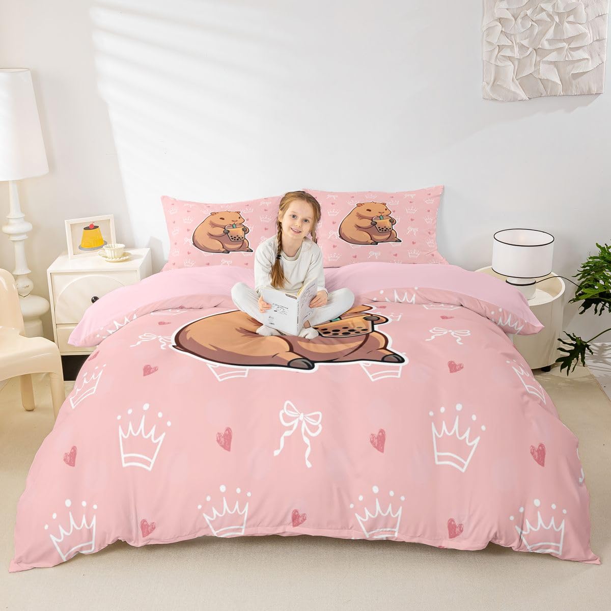 Loussiesd Sweet Heart Super King Capybara zestaw pościeli dla dzieci korona poszewka na kołdrę kawaii zwierzę poszewka na kołdrę 3 szt. różowy wystrój pokoju