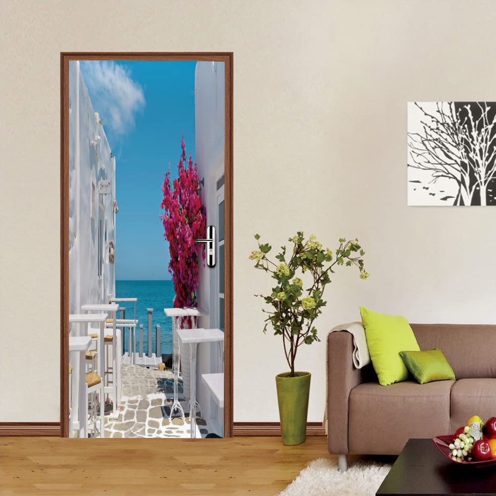 3D Porte Muraux Auto-adhésif Stickers Scène de rue blanche Porte Autocollants 3d Papier Peint Vinyle étanche Porte Autocollants pour Salon Chambre Décoration L100 x H200cm