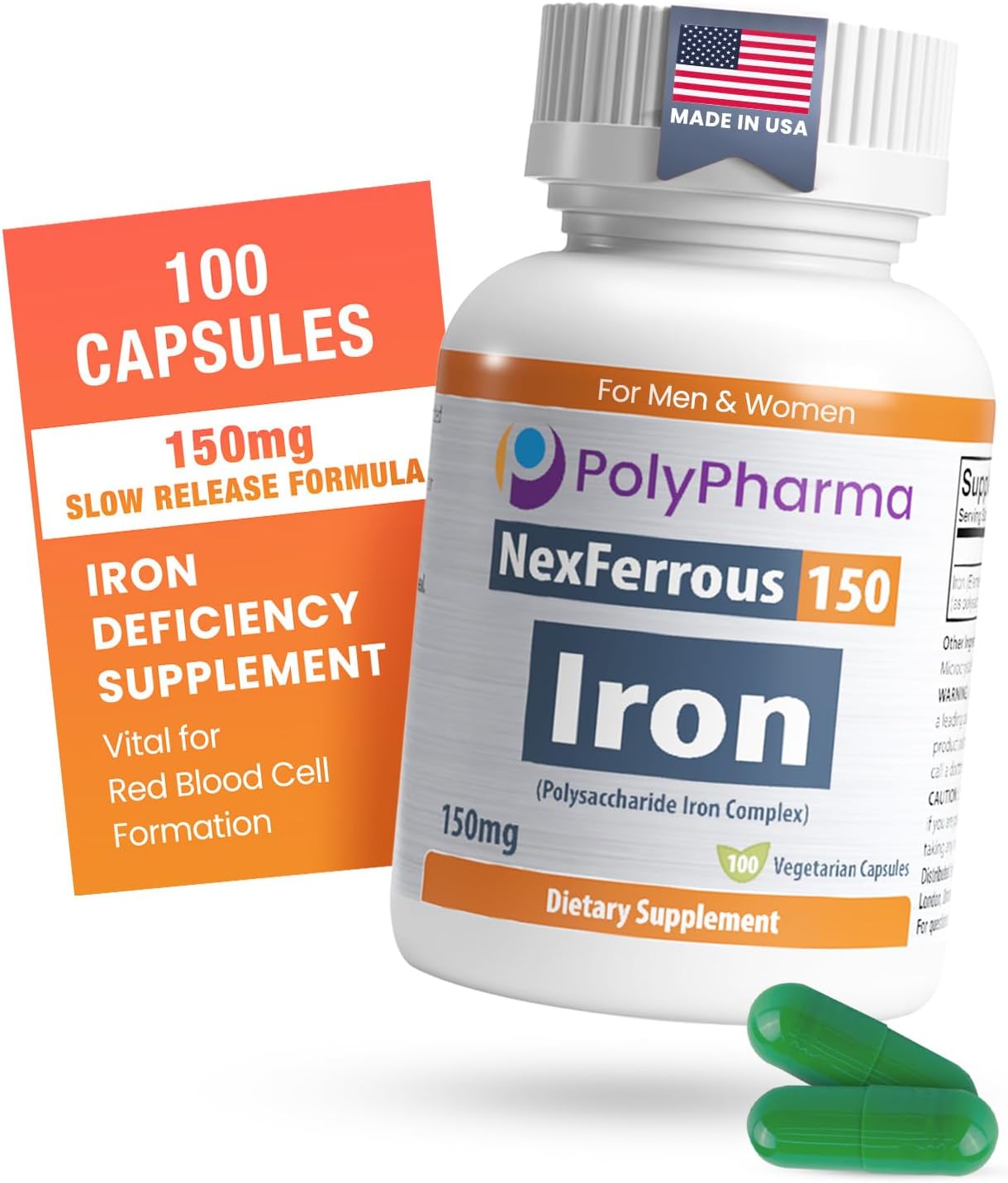 Polysaccharide Iron Complex 150mg for Anemia Support - Prevention & Treatment of Iron Deficiency, Supports Red Blood Cells Formation, Gentle on the Stomach, High Potency, USA-Made, 100 Capsules