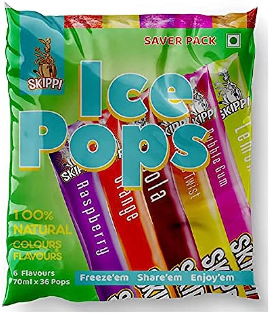 Skippi Icepops Fruit Flavored Ice Pops, Ice Bars, Fruit Bars - Bag of 36pcs (Lemon, Mango, Orange, Raspberry, Bubblegum, Cola)