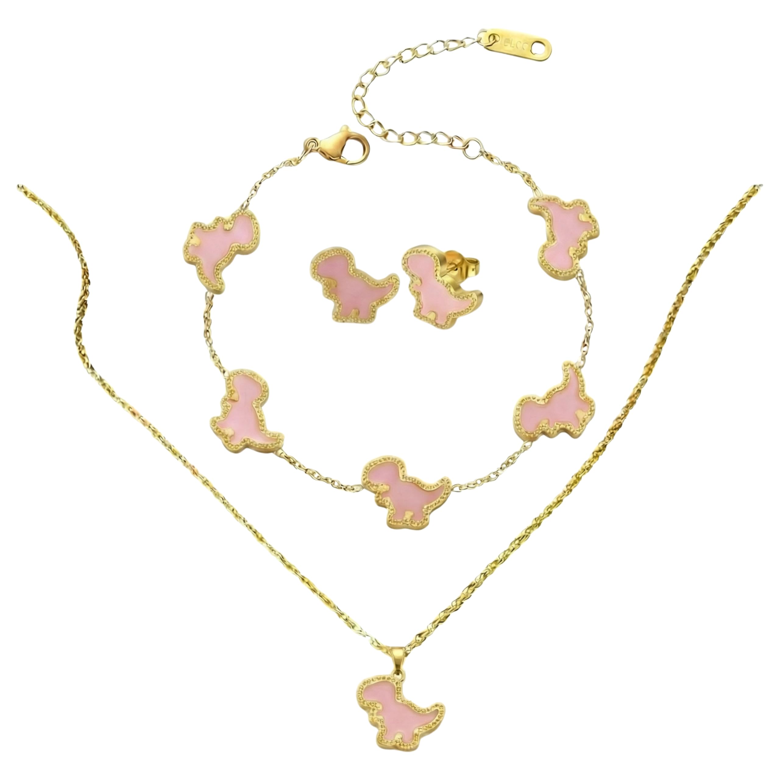 four leaf clover 18K gold plated Jewelry set Jewellery set for women, comes with a cute keychain in a Julie & Co neat gift box. (Pink, Heart Pendant)