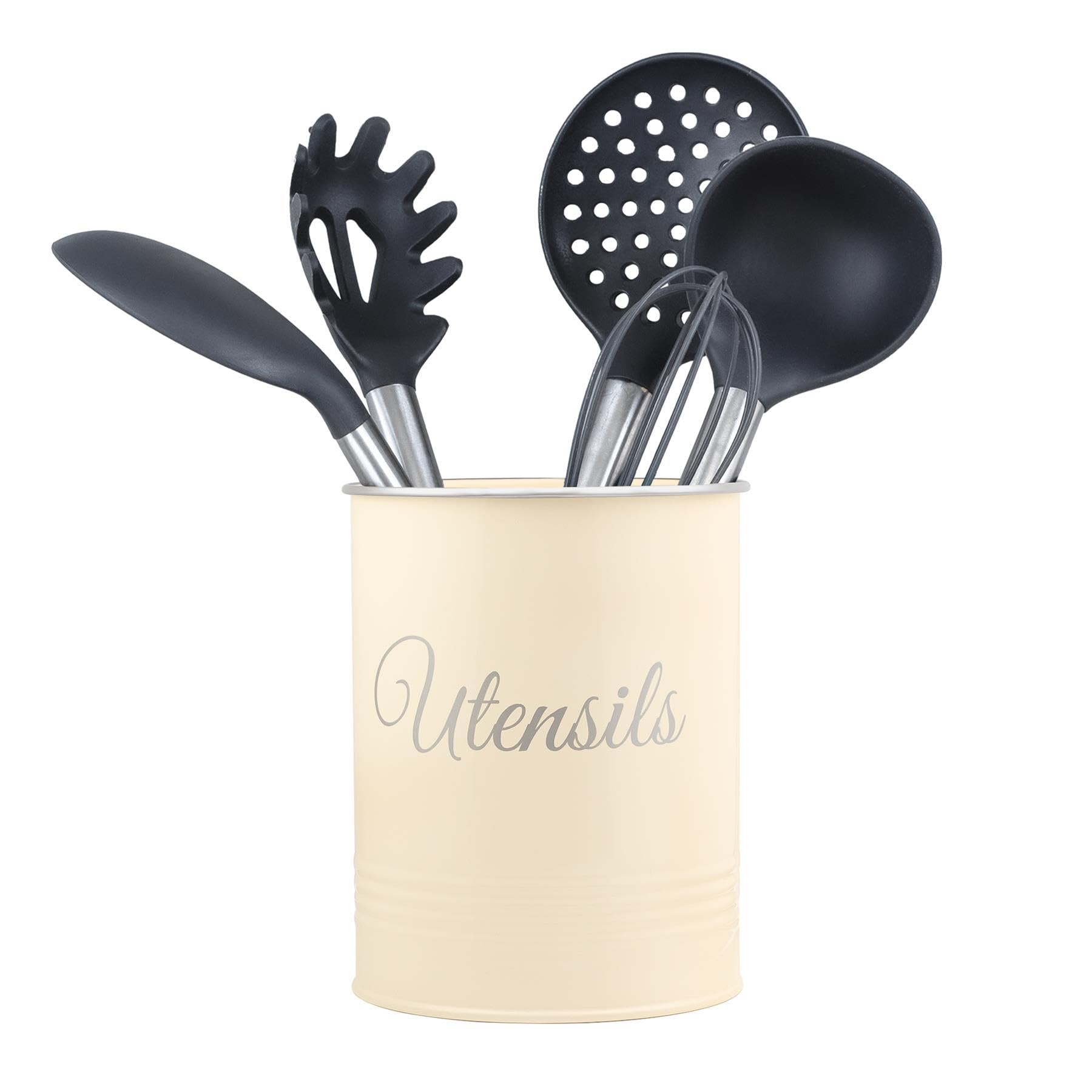Innoteck Metal Utensil Holder, Powder-Coated Cutlery Organiser Pot with Non-Slip Base, Rust-Proof Countertop Storage for Spoons, Spatulas, Knives, Forks & Cooking Tools – Farmhouse Style - Cream