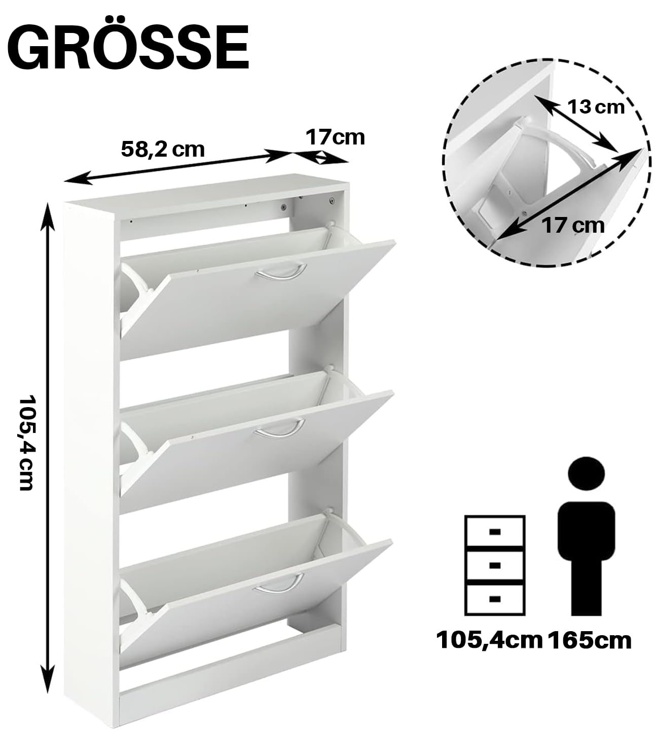 GRAVFORCE Schuhschrank Schmal mit 3 Klappen Schuhkipper 58Bx17Tx105H (Weiß) | Flip Down Schuhregal Holz Flurschrank platzsparend für Eingangsbereich, Wohnung, shoe cabinet ideal für schmale Flure