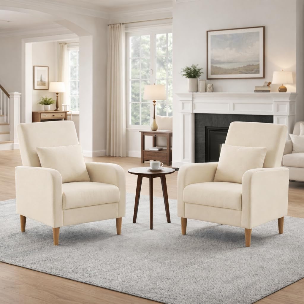 COLAMY Mid-Century Modern Accent Chair with Back Pillow, Upholstered Fabric Armchair with Solid Wood Legs, Reading Lounge Chair for Living Room, Bedroom, Office, Apartment & Small Spaces, Beige