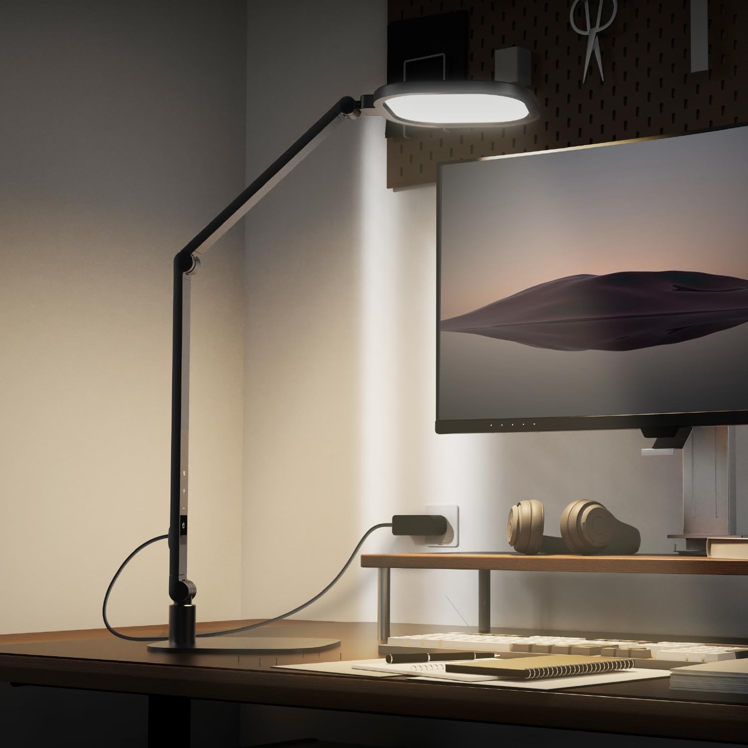LitONES Schreibtischlampe LED Dimmbare, Augenschutz tageslichtlampe schreibtisch mit 3 Farbmodi und Touch-Steuerung/Memory-Funktion,15W Schwenkarm Bürolampe mit Stecker,Schwarz