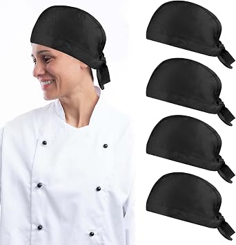 4Pcs Unisex Chef's Hat,Kitchen Cook Hats with Adjustable Band,Hats Hotel Waiter Work Cap Catering Chef Bandana Hat Skull Cap Restaurant Cook Headwear for Men Women(Black)