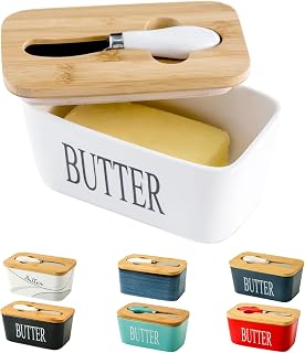 Hasense Porcelain Butter Dish with Bamboo Lid & Knife - Airtight Countertop Keeper for East/West Coast Sticks, White
