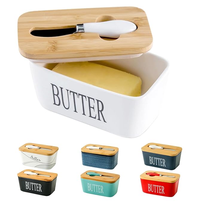 Hasense Ceramic Butter Dish With Lid for Countertop - Covered Holder With Knife for Refrigerator, Airtight Keeper Container Storage With Silicone Sealing for East West Coast Butter, White