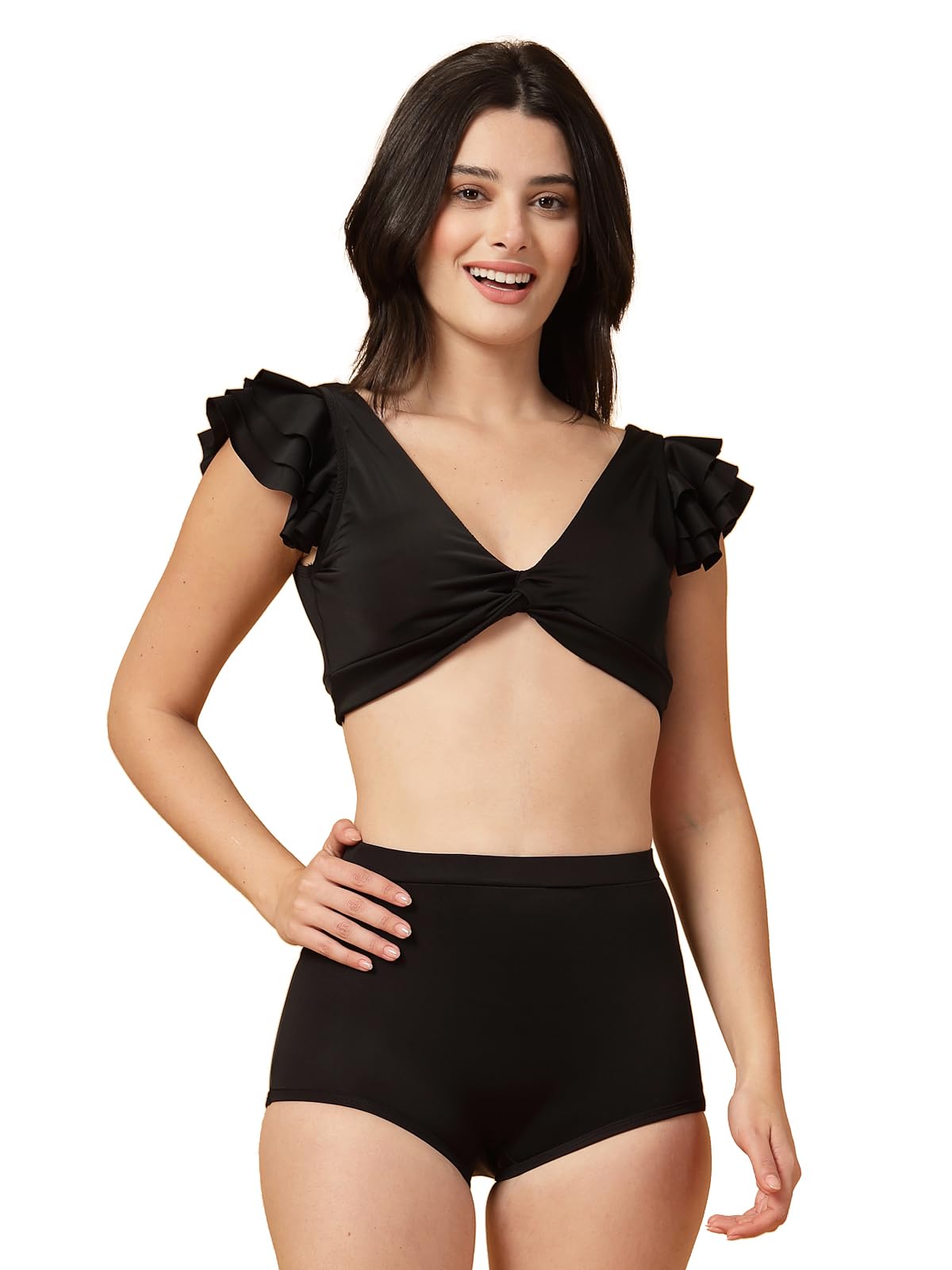 cukoo Padded Black Solid Frill Swimwear-picture-10
