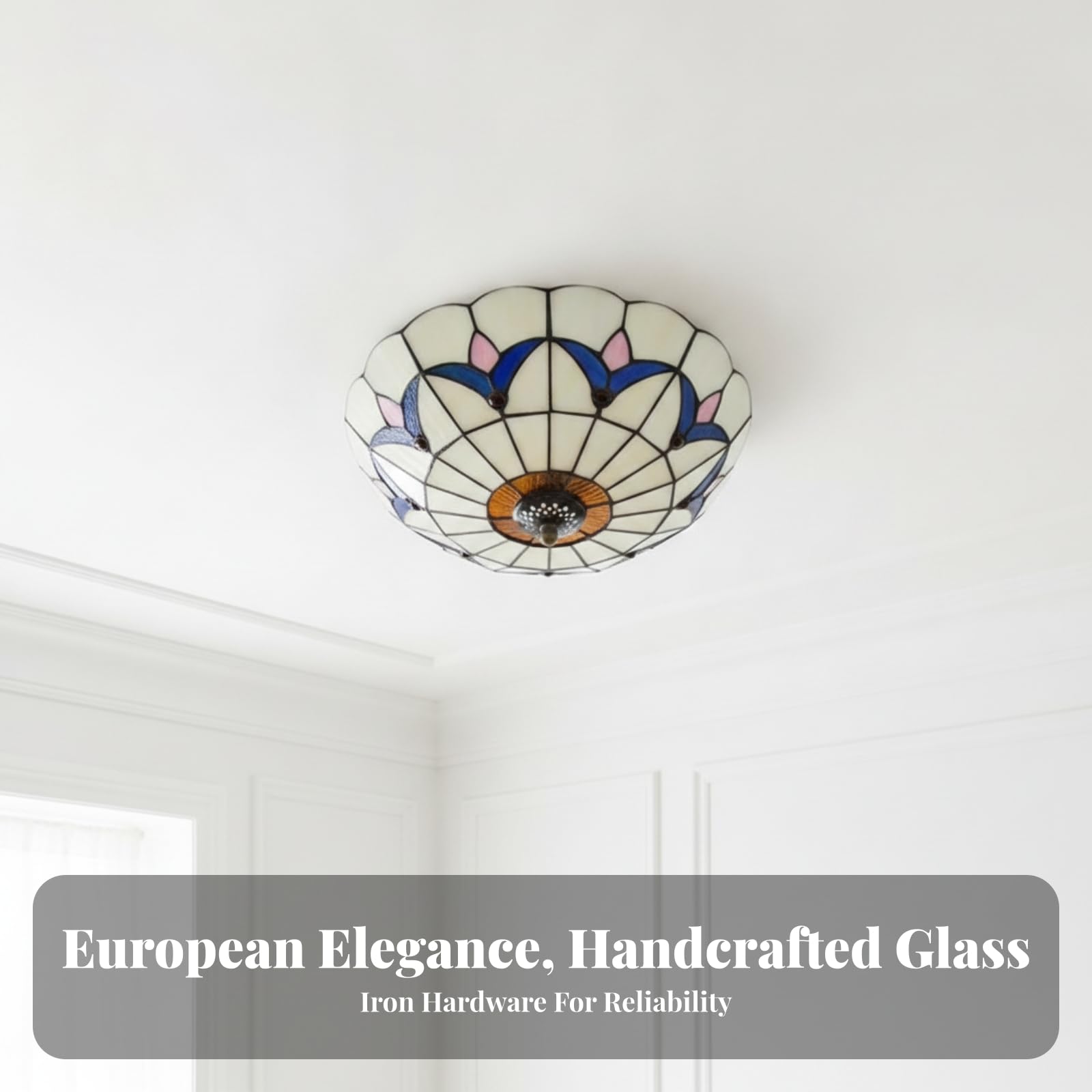 LOVIVER Flach Buntglas Deckenleuchte | Handgefertigter Glasschirm, Buntglas Deckenlampe, Vintage, Deckenleuchte mit rundem Buntglasschirm, für Wohnzimmer, Flur, Transparent