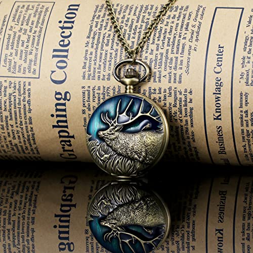 Image of MORFONG Vintage Deer Design Pocket Watch Quartz Watches for Men Women Birthday Christmas Gifts with Box Chain