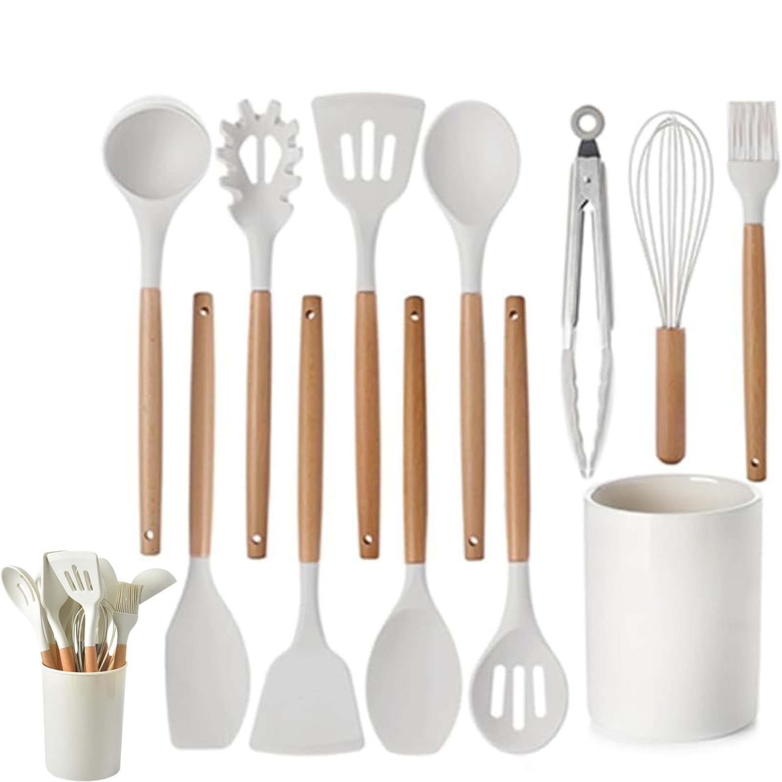12-Piece Silicone Kitchen Utensil Set with Wooden Handles, Heat-Resistant, Nonstick Cooking Tools Set with Tongs, Spatula, Spoons & Holder, Dishwasher Safe Best Kitchen Gadgets (Beige, One Size)