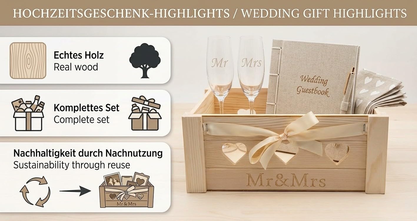 Mr & Mrs Geschenkkorb Hochzeit aus Holz 30x20x12 cm – Geschenkbox Kiefer mit Herzmotiv, Geschenkfolie 100x100 cm, Schleife & Papier – Hochzeitsgeschenk Brautpaar Deko