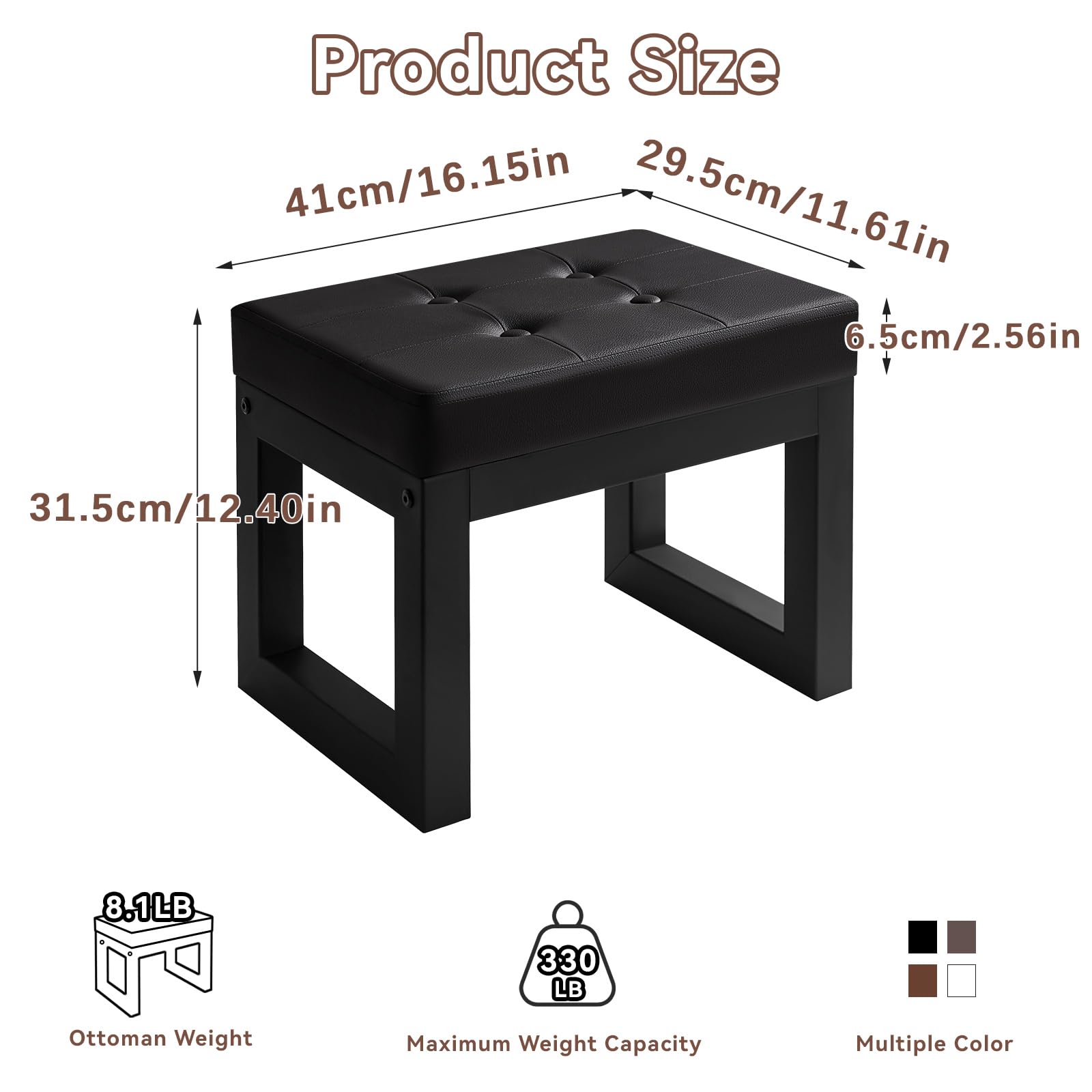 IBUYKE WBD026B mały podnóżek, 16", prostokątny podnóżek ze skóry PU, podnóżek z wyściełanym siedziskiem i metalowymi nogami, nowoczesny podnóżek do salonu, sypialni, fotel, czarny