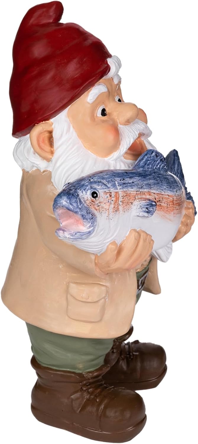 Rainbow Trout Fly Fishing Garden Gnome Statue - 9.5" Hand-Painted Resin Angler Figurine - Whimsical Outdoor Lawn Ornament & Patio Decor - Funny Fishing Gift for Dad & Men