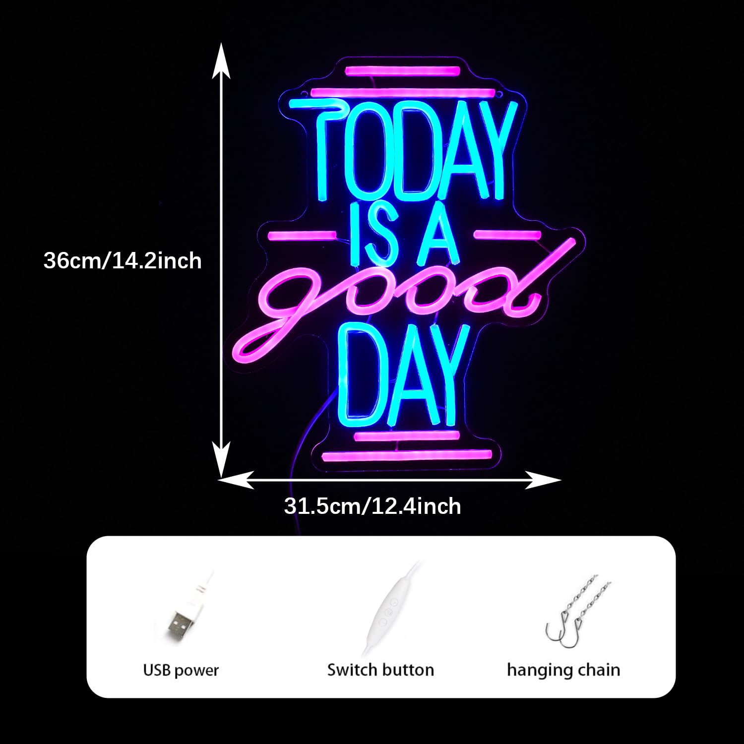 Neonowy znak 'Today Is A Good Day', kubek do kawy, mleka, do dekoracji ścian, możliwość przyciemniania, zasilanie USB, 30 x 35 cm, LED, litera, neonowy znak, szklany znak do kawiarni, na wesele, do
