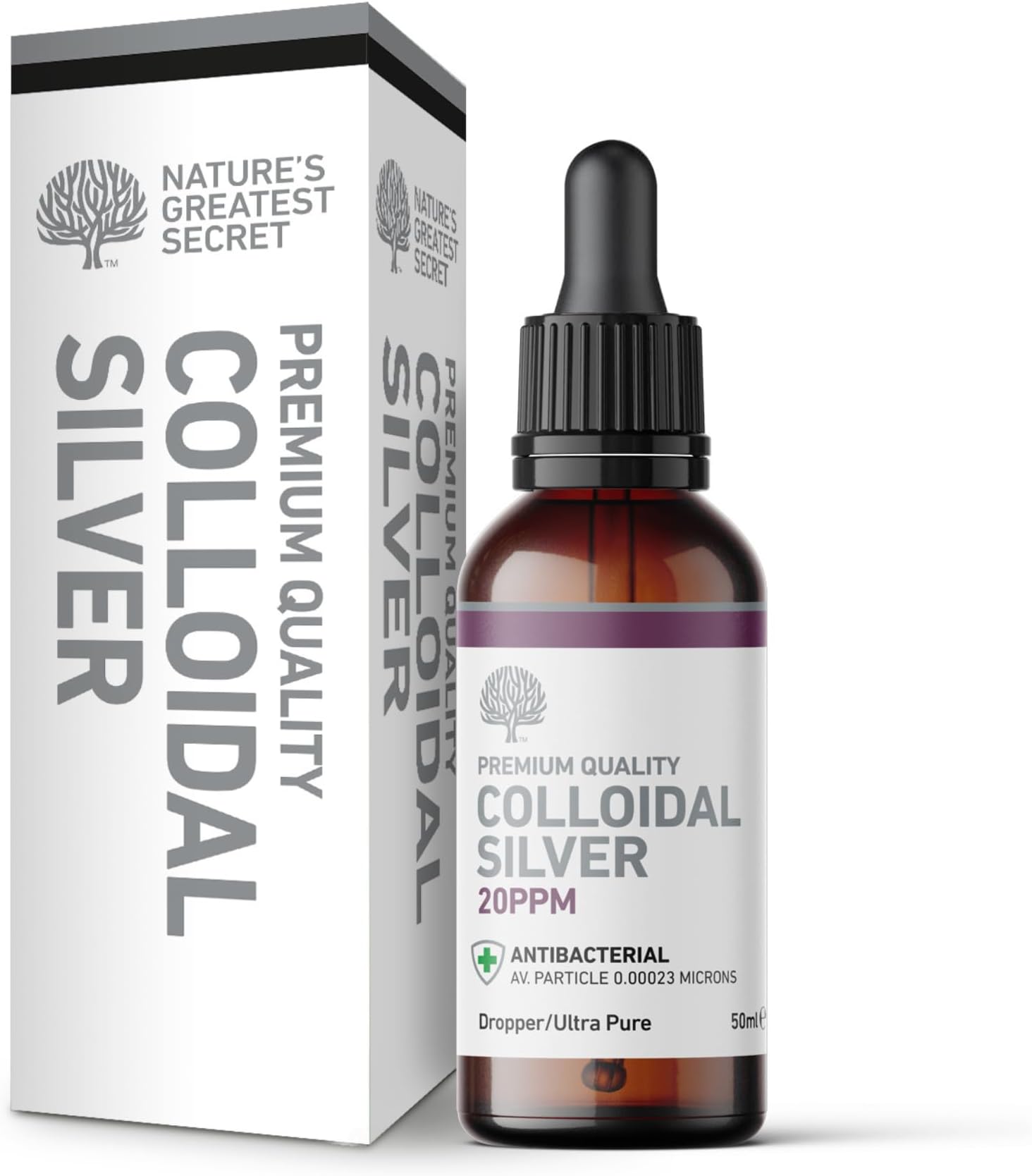 Nature’s Greatest Secret Antibacterial Colloidal Silver 20ppm Dropper Bottle 50ml | Crystal-Clear Ionic | pH 9.0 | Natural & Vegan