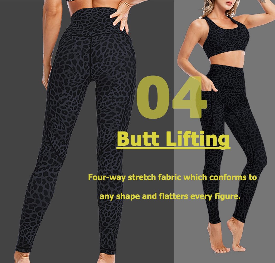 FASHICONS - Leggings de yoga para mujer de cintura alta, con estampado de leopardo, color gris oscuro, azul, con bolsillos, suaves, a prueba de sentadillas, control de abdomen, pantalones de
