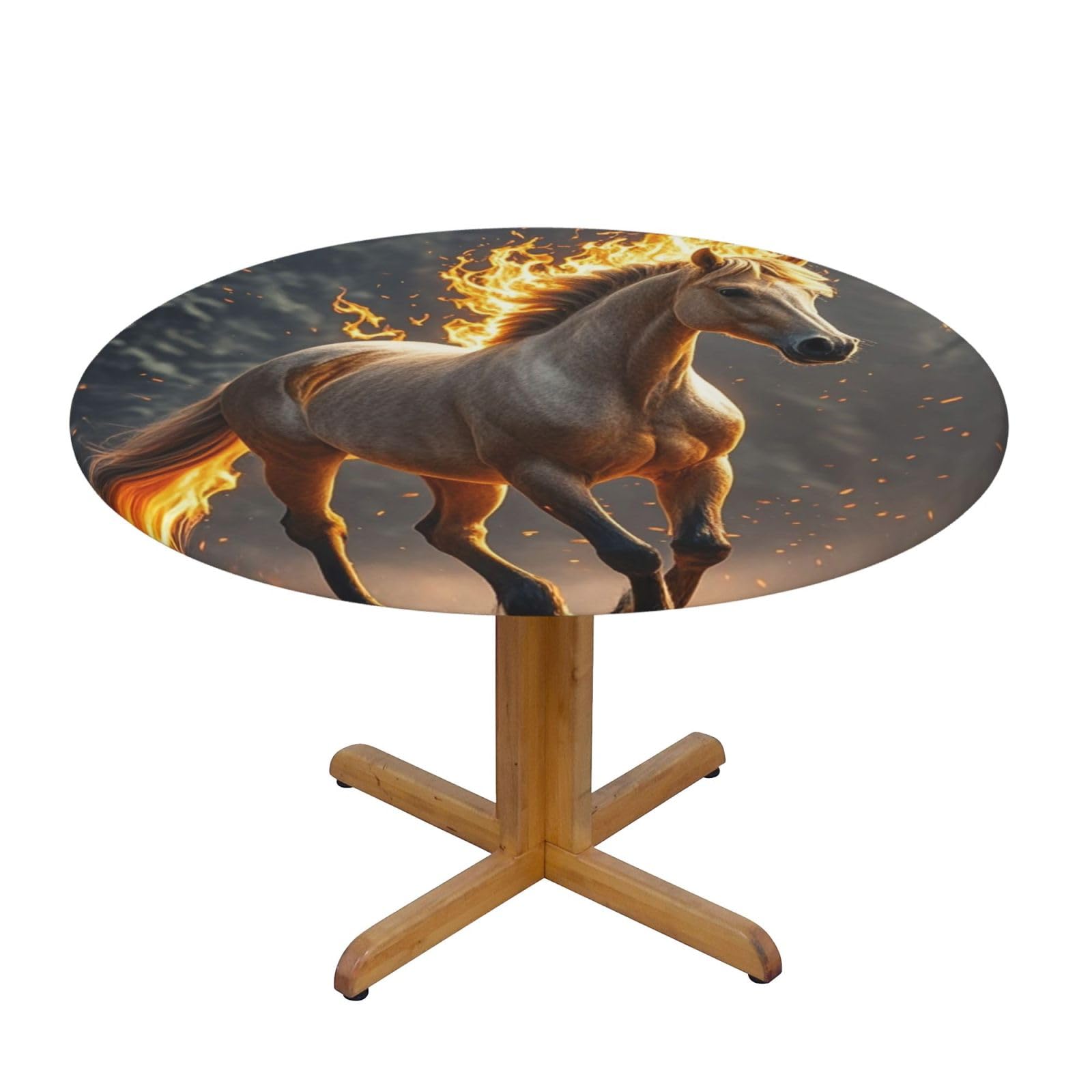 BTCOWZRV Flame Horse Round Spandex Tablecloth 47 Inch, Elastic Fitted Waterproof Tablecloths Stretch Washable Picnic Table Cover for Camping, Dining, Indoor and Outdoor