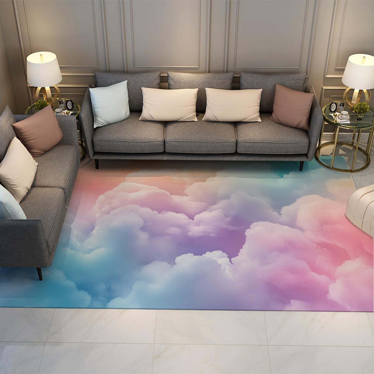 Rêve Pastel Nuage carpette 80x150cm coloré Violet Rose Ciel scène Fin Pliable à Poil Bas Lavable Grand antidérapant Appartement Chambre Enfant Douillet Tapis