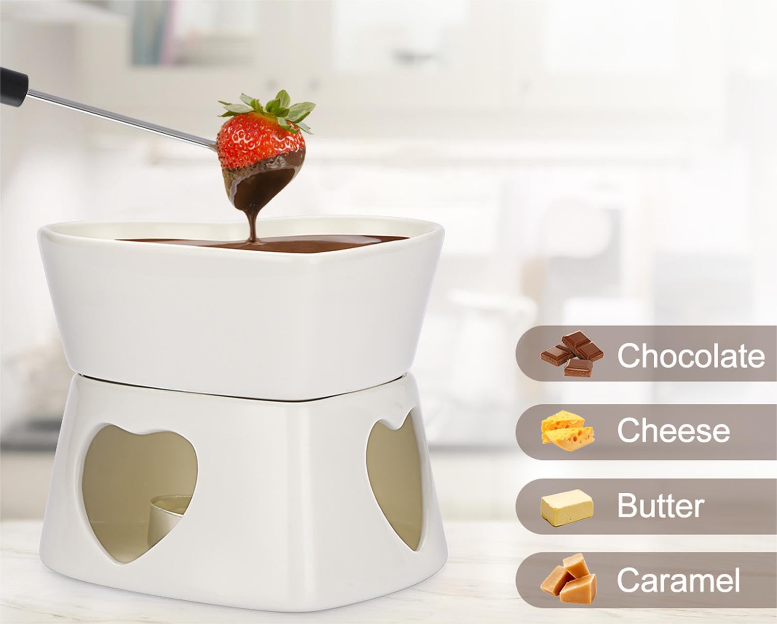 Fondue Queso- Cerámica Blanca de 320 ml Fondue de Chocolate del Amor con 4 Tenedores Rojos para Chocolate Mantequilla Queso (sin Vela)