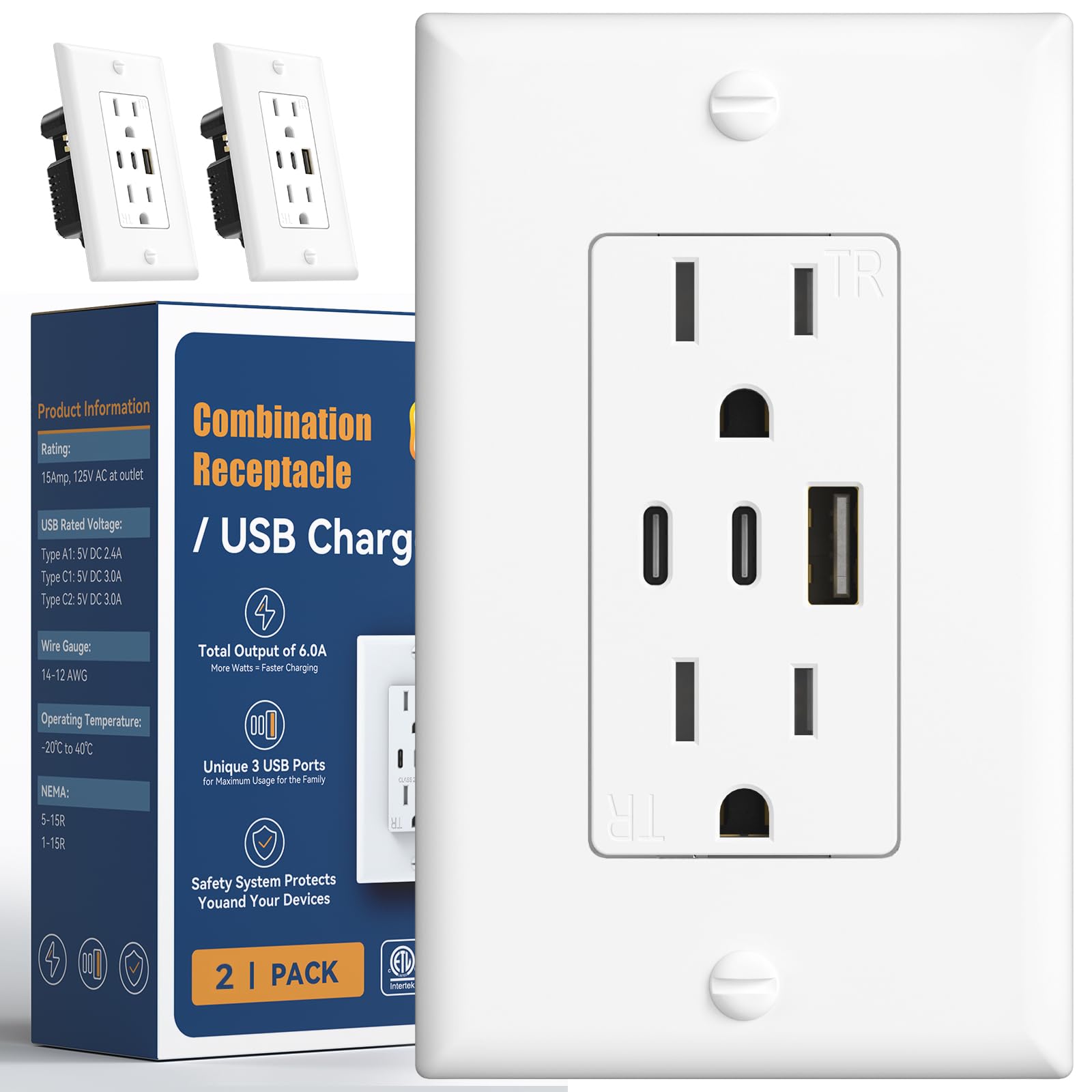 Amico 6.0A USB Outlet 2 Pack, 3-Port 30W Wall Outlets with 2 Type C & 1 Type A, 15 Amp Receptacle Plug, Tamper Resistant Receptacle, Wall Plate Included, ETL Listed, White