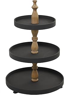 Deco 79 Wood 3 Level Tiered Server with Wood Post, 16" x 16" x 24", Black