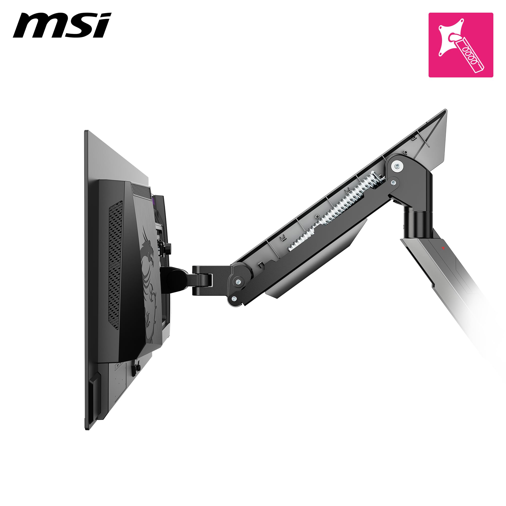 MSI MPG MT161R – Bras de Support pour écran Simple RVB de qualité supérieure, Prend en Charge Les écrans de 17 à 45" et 16 kg, Compatible VESA, Support à Ressort réglable, Pince et œillets, Plaque de