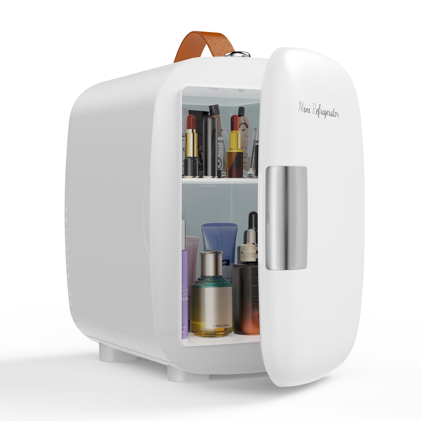 NEWBULIG Mini Fridge for Bedroom, Office & Car, Portable 4L/4.23QT Mini Refrigerator for Skincare with Handle, Ultra-Quiet Energy-Saving Compact Cooler for Drinks, Food, Skincare & Makeup, 12V AC/DC