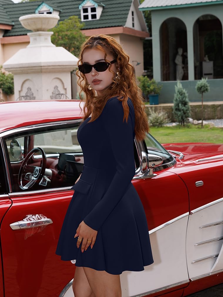 XXTAXN Women's Sexy Corest Long Sleeve Square Neck Ruffle Pleated Wedding Guest A Line Mini Dress - Image 3