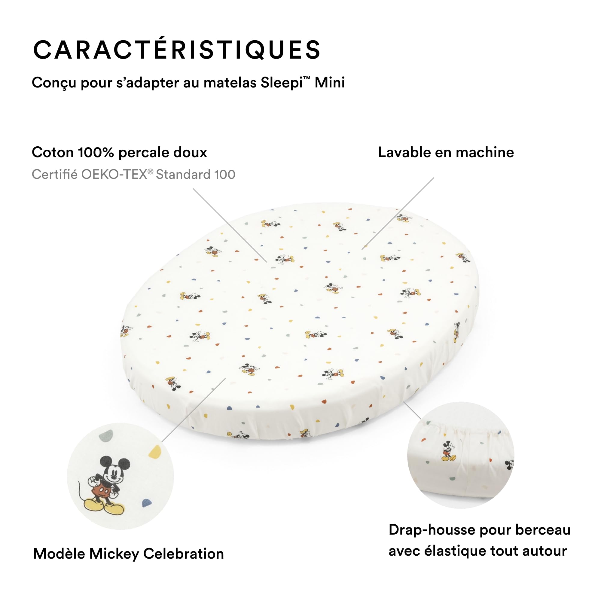 Drap Housse Matelas Nacelle Drap-housse Stokke Sleepi Mini, Mickey Celebration - Des Draps Doux Pour Faire De Beaux Rêves - Conçu Pour Le Matelas Ovale Sleepi Mini - Sécurisé, élégant Et Lavable
