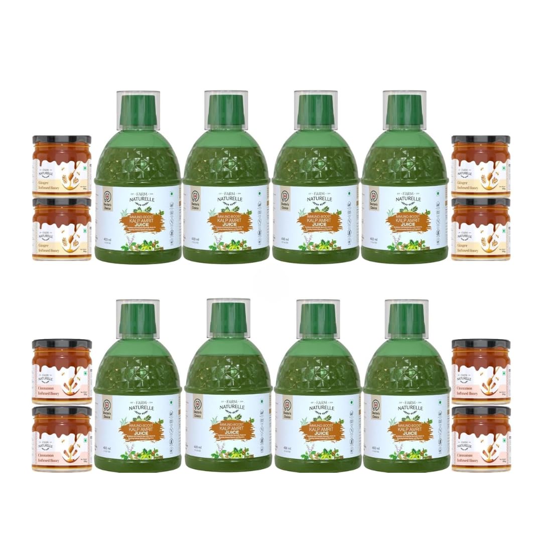 Farm Naturelle-Strongest Ayurvedic 6 Herbs Immunity boosting Kalp Amrit juice-Improves Immunity & Reduces Stress n anxiety- (4+4 free)-8x400ml+ 55gx8 Herbs Infused Forest Honeys-image-38