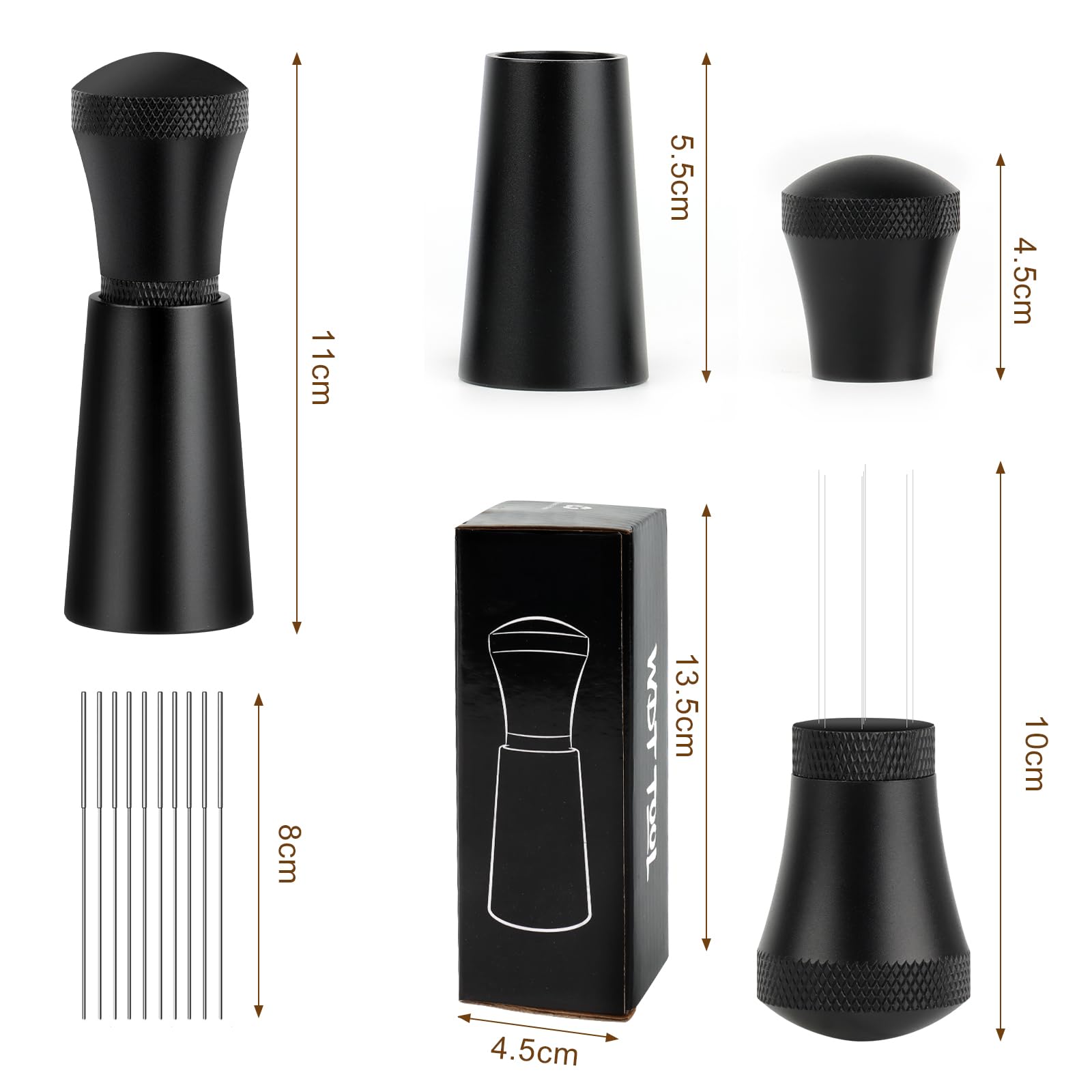 KEWUZY Wdt Tool, Espresso Coffee Distributor, Aluminium Espresso Kaffeerührer für Barista mit Ständer mit 7 0.3mm Dickem Edelstahl, KFBFZ
