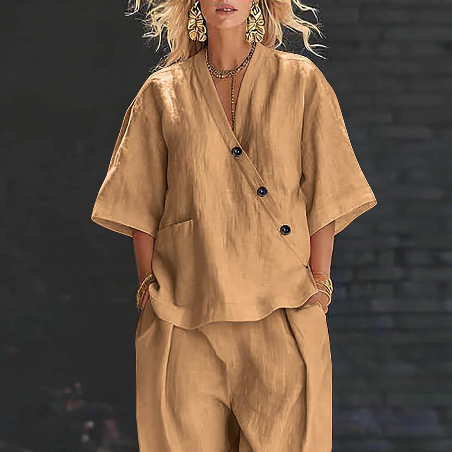 Linen Set for Women 2 Piece Button Side Irregular Shirts Matching Pants Sets 2026 Comfort Casual Airport Outfits