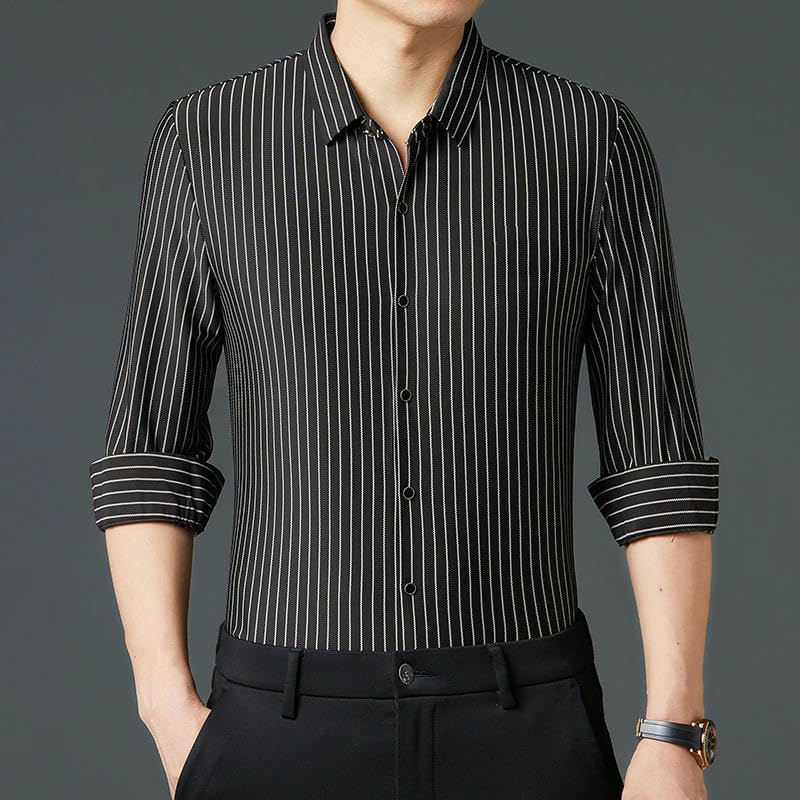 Camisa de rayas antiarrugas para hombre USTZFTBCL de corte slim 3