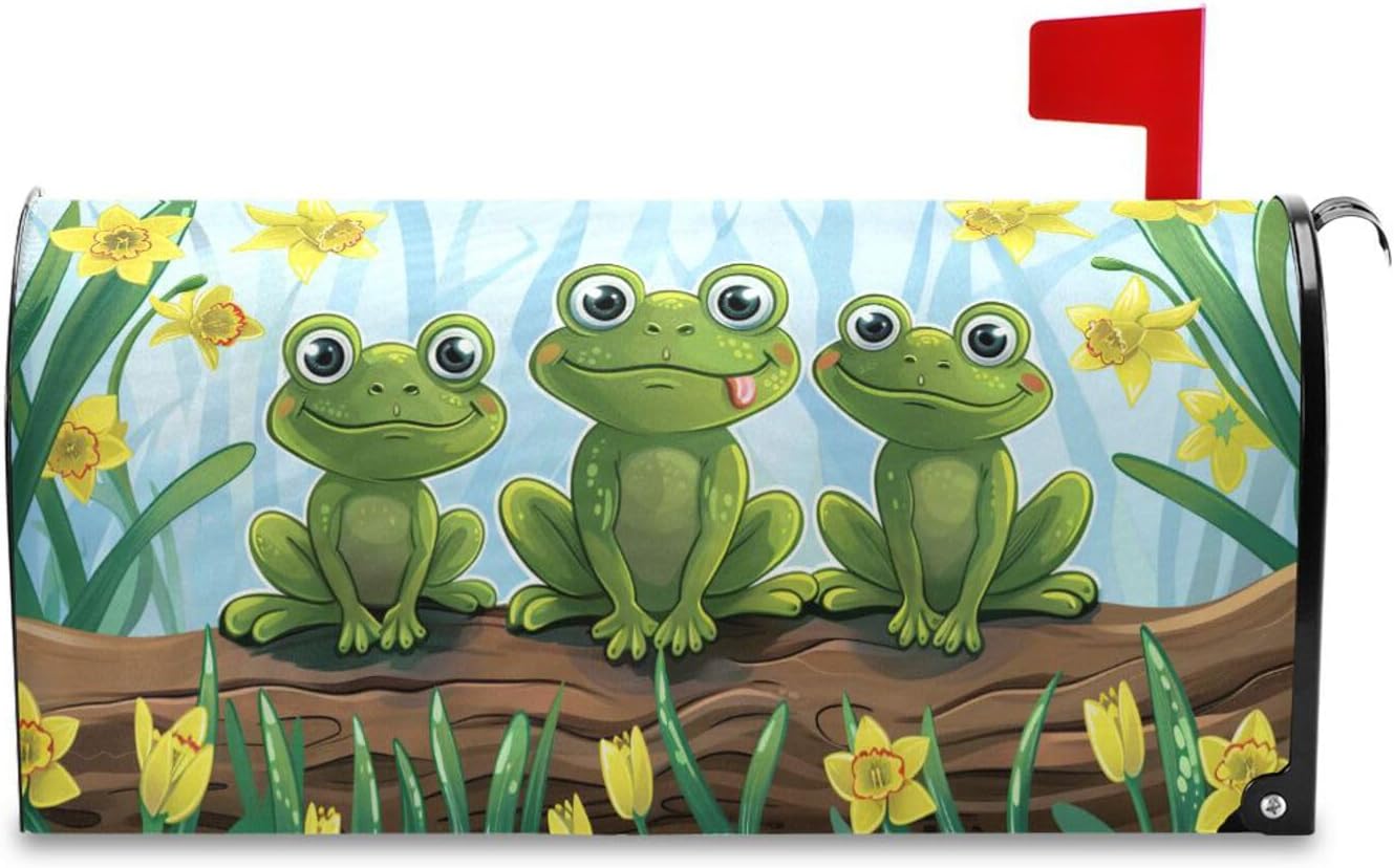 ALAZA Cute Frogs with Big Eyes Yellow Daffodils Magnetic Mailbox Cover MailWraps Garden Yard Home Decor for Outside Standard Size-18"x 20.7"