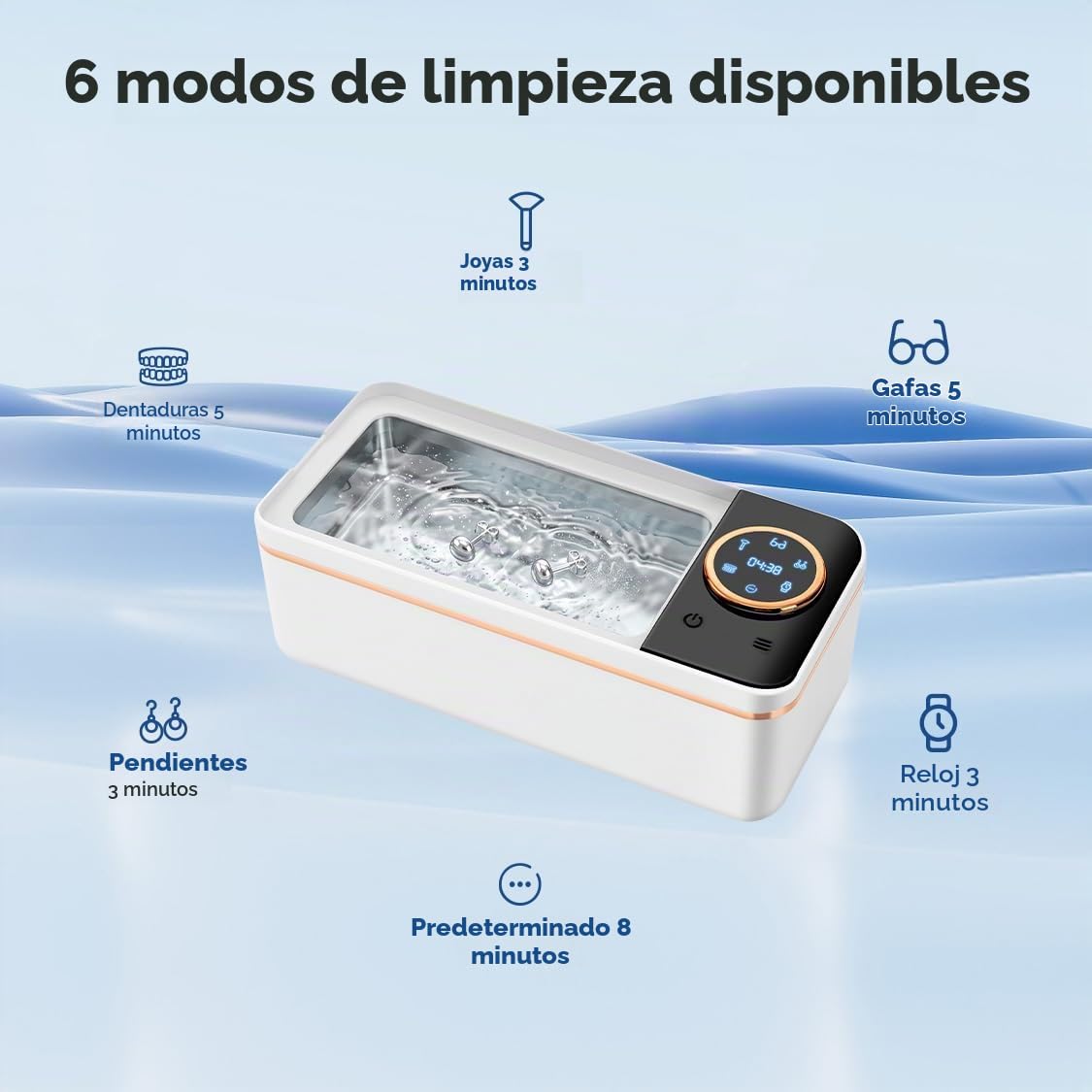 Limpiador Ultrasonidos 55kHz,450 ml Limpiador Ultrasonidos de Gafas con 6 Modos de Limpieza,Revestimiento Interior de Acero Inoxidable 304,Limpieza Profunda de Gafas/Dentaduras Postizas/Monedas/Joyas
